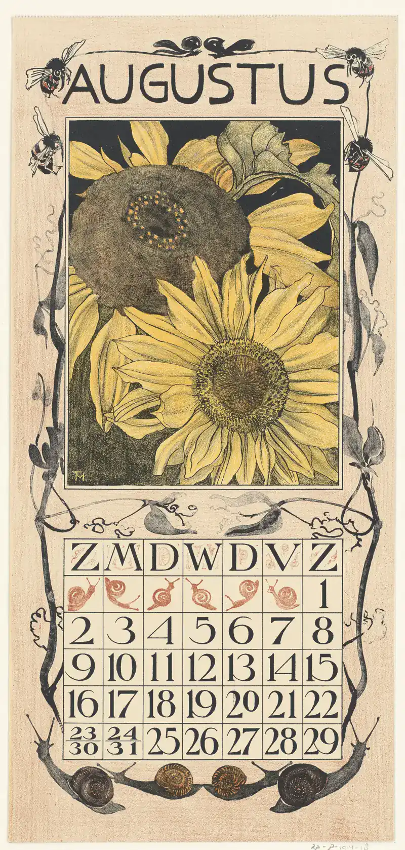 Art nouveau calendar print with sunflowers